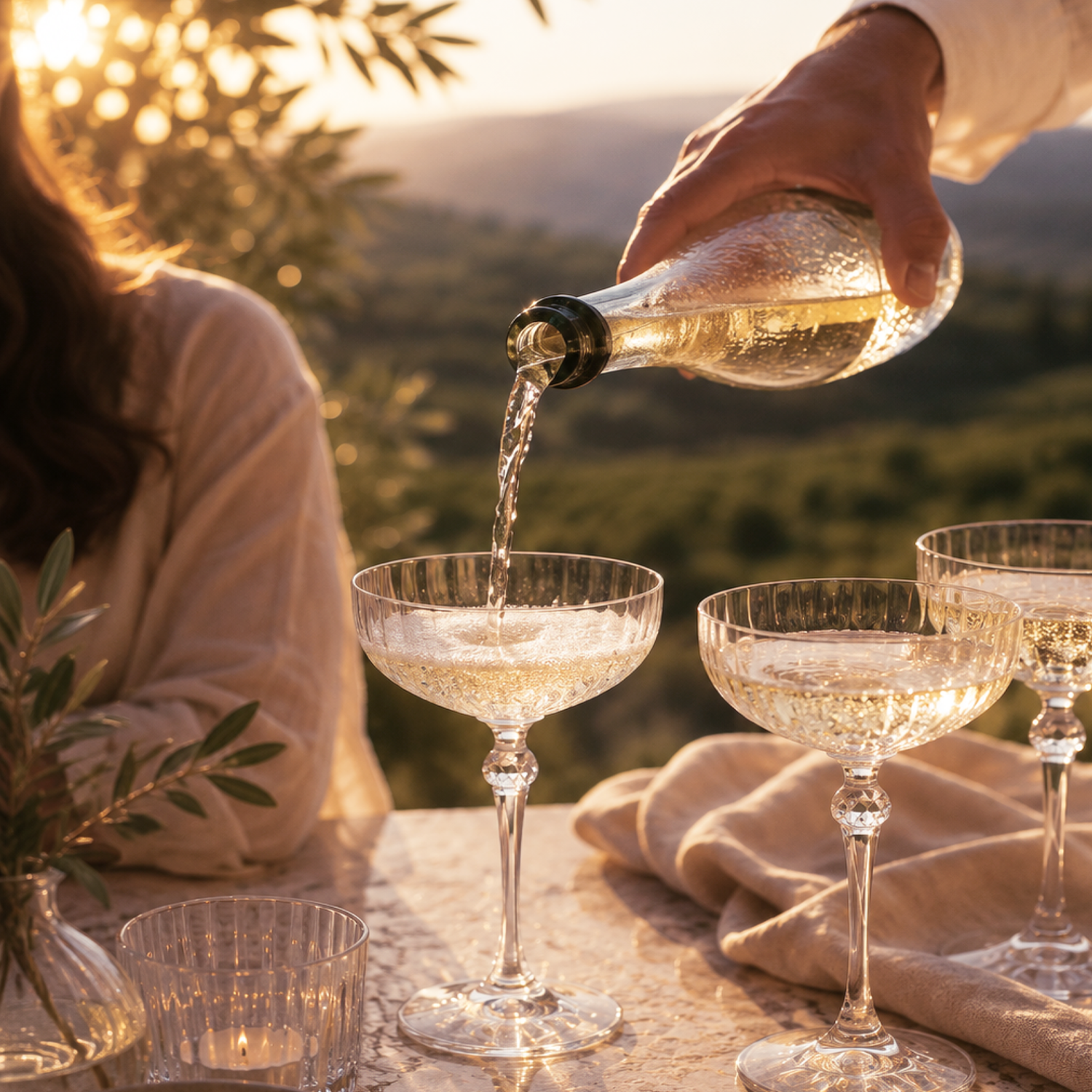 Ceravolo sparkling wine being poured into a glass at an alfresco table.