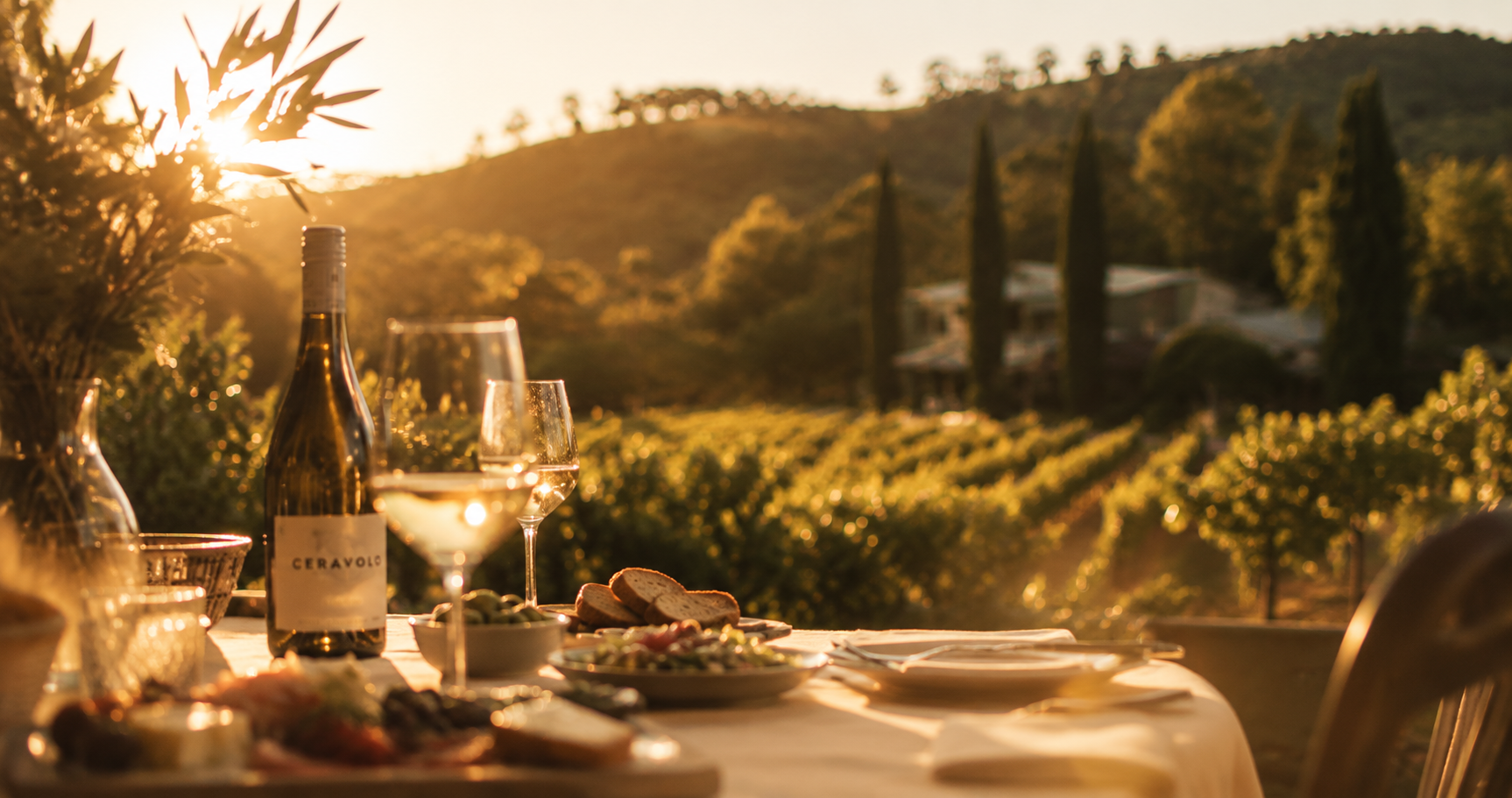 Table setting with wine and snacks in a vineyard at sunset at Ceravolo Vineyards