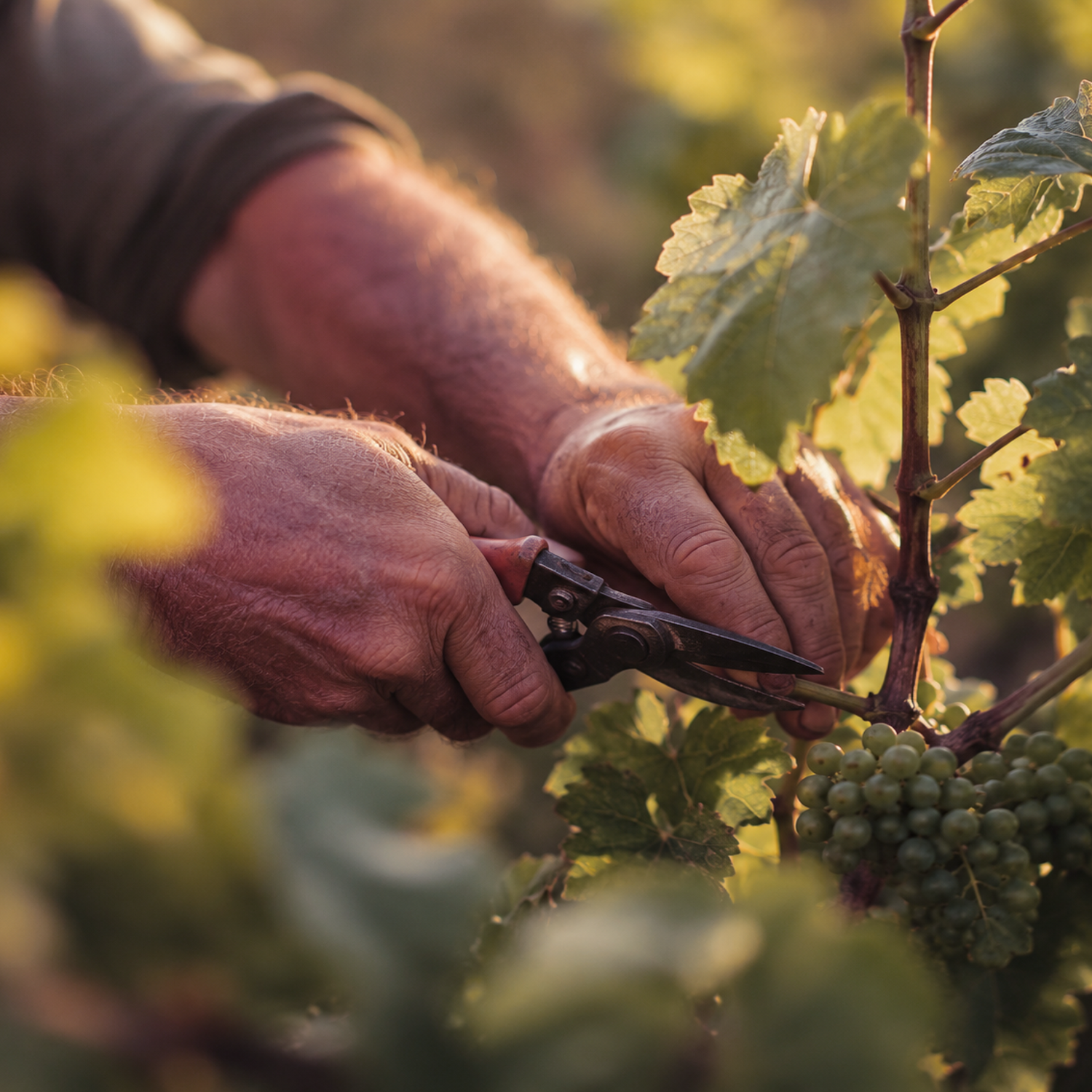 Hands harvesting ripe wine grapes at the Ceravolo vineyard in Ashton, Adelaide Hills.